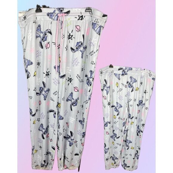 Disney +2X Blue Stitch Print Drawstring Elastic Waist Side Pockets Sleep Pants - Picture 1 of 4